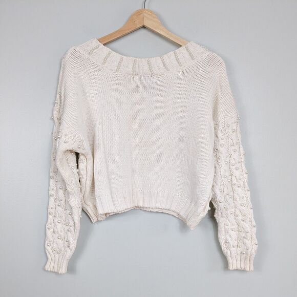 Vintage 90s Sweater Cable Knit Pearl Cropped Off White Coquette Feminine M - Picture 4 of 13